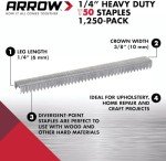 Arrow 504 Heavy Duty T50 1/4-Inch Leg Length, 3/8-Inch Crown, Staples for Upholstery, Construction, Furniture, Crafts, 1250-Pack