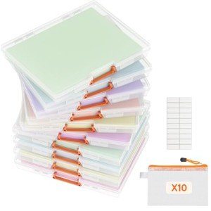 Lifewit 10 Pack Plastic Multi-purpose Storage box, A4 Size, 10 Extra Zipper Bags, Sticker Label, Portable Project box with Latching Lid and Handle, for Small Card Game, Paper, File, Craft Supplies