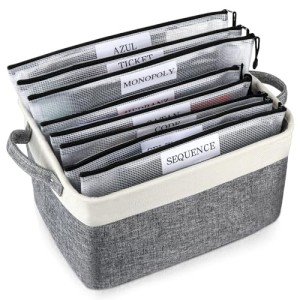 Board Game Storage Kit Include Storage Basket and 10pcs Zipper Bags, Board Game Organizer with Writable Stickers and Dispensing, Suitable for Puzzle Storage, Toys, Document (1 Pack-Grey)