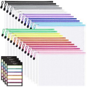 Sooez 24 Pack Mesh Zipper Pouch with Sticky Labels, A4 Size Mesh Bags for Board Game & Puzzles Organizing Storage, Durable Letter Size File Bags for Office Classroom Organization, 12 Assorted Colors