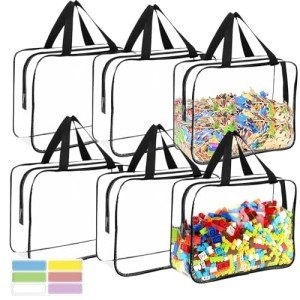 6 Packs Large Toy Storage Bags with Labels, Reusable Clear PVC Board Game Storage, Travel Waterproof Organizer Bags with Zipper for Building Blocks, Puzzle, Kids Books