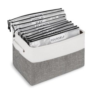Bfttlity Board Game Storage Include Storage Basket and 10 Zipper Bags Board Game Organizer with DIY Stickers and Double-Sided Adhesive Dots for Travel, Office and Home Organization (Gray)