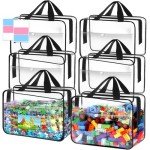 Pydeeirom Toy Storage Bags 6 Packs, Kids Toy Storage Organizer with Zipper and Labels, PVC Clear Bags for Board Games, Books, Puzzles, Building Blocks(Large, Black)