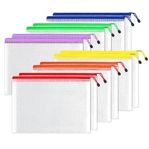 SUNEE 12pcs Mesh Zipper Pouch 11x16, Large Storage Bags for Board Game & Puzzle Organizing, Reusable Plastic Zip Organizer for Travel (A3, 6 Colors)
