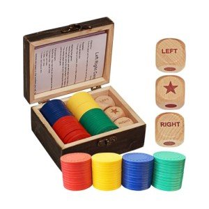 Left Right Center Dice Game Set, 3 1-inch Wood Dice and 48 Thicker Chips in Wooden Storage Box, Portable Travel Dice Games for Family & Friends, Black