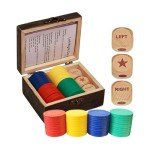 Left Right Center Dice Game Set, 3 1-inch Wood Dice and 48 Thicker Chips in Wooden Storage Box, Portable Travel Dice Games for Family & Friends, Black