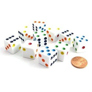 Koplow Games Set of 10 Six Sided D6 16mm Standard Dice White with Multi-Color Pips