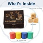 Left Right Center Dice Game Set, 3 1-inch Wood Dice and 48 Thicker Chips in Wooden Storage Box, Portable Travel Dice Games for Family & Friends, Black