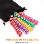 100Pcs Colored Dice Set Standard 16mm Game Dice Bulk with a Black Drawstring Storage Bag, for Learning, Classroom (Colored)