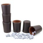 RERIVER Felt-Lined PU Leather Dice Cup Set, 6 Quiet Dice Shaker Cups with 36 Dices for Bar Party Yahtzee Farkle Dice Games, Coffee