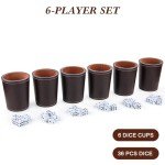 RERIVER Felt-Lined PU Leather Dice Cup Set, 6 Quiet Dice Shaker Cups with 36 Dices for Bar Party Yahtzee Farkle Dice Games, Coffee