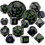 AUSTOR 15 Pieces Complete Polyhedral Dice Set D3-D100 Game Dice Set with a Leather Drawstring Storage Bag for Role Playing Table Games(Black & Green)