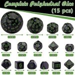 AUSTOR 15 Pieces Complete Polyhedral Dice Set D3-D100 Game Dice Set with a Leather Drawstring Storage Bag for Role Playing Table Games(Black & Green)