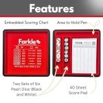 Luck Lab Farkle Dice Tray and Storage Case - Includes Embedded Scoring Combinations, 2 Sets of 6 Pearl Dice, 40 Sheet Score Pad and Pen Holder for The Classic Family Game (Red)