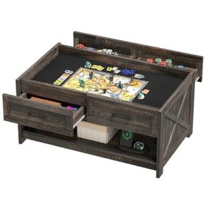 DWVO Board Game Table Living Room: 3-in-1 Game & Puzzle Table with Play Mat, 4 Drawers, Power Outlet, Removable Top (Dark Oak)