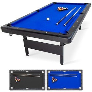 GoSports Full Size 8 ft x 4.2 ft Billiards Game Table - Foldable Design, Includes Full Set of Pool Balls, 2 Cue Sticks, Chalk, and Felt Brush - Blue
