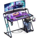MOTPK Gaming Desk with Power Outlet & LED Lights, Gaming Computer Desk 39inch with PC Storage Shelf, Gaming Table with Carbon Fiber Texture, Gamer Desk, Gift for Boys Men, Black