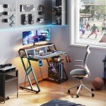 MOTPK Gaming Desk with Power Outlet & LED Lights, Gaming Computer Desk 39inch with PC Storage Shelf, Gaming Table with Carbon Fiber Texture, Gamer Desk, Gift for Boys Men, Black