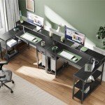 SUPERJARE 47 inch Reversible L Shaped Desk with LED Lights & Power Outlets, Computer Desk with Shelves & Monitor Stand, Gaming Desk with Drawer, Home Office Desk Corner Desk, Black