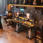 MOTPK Gaming Desk with Power Outlet & LED Lights, Gaming Computer Desk 39inch with PC Storage Shelf, Gaming Table with Carbon Fiber Texture, Gamer Desk, Gift for Boys Men, Black