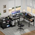 Unikito Reversible L Shaped Desk with Magic Power Outlets and USB Charging Ports, Sturdy Corner Computer Desk with Storage Shelves, Gaming Table Home Office Desk, Easy to Assemble, Black