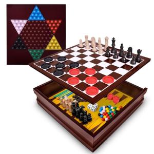 Elbow Room Games Family Game Set, 10 Classic Games with Wooden Storage Box and Built-in Game Boards, Endless Fun for Game Nights, Gatherings & Travel, 2+ Players