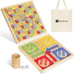 Gamitrak 12 Inch Wooden Ludo & Snakes & Ladders 2-in-1 Reversible Classic Board Game for Adults, Includes 1 Board, 2 Dice, 1 Cup, 16 Tokens, Rules, Pouch & Carrying Bag. Raise Edge