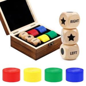 Left Right Center Dice Game Set, Include 3 1-inch Wooden Dices and 48 Pcs Chips in Wooden Box, Easy to Store and Carry Around for Travel