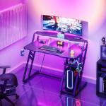 MOTPK Gaming Desk with Power Outlet & LED Lights, Gaming Computer Desk 39inch with PC Storage Shelf, Gaming Table with Carbon Fiber Texture, Gamer Desk, Gift for Boys Men, Black