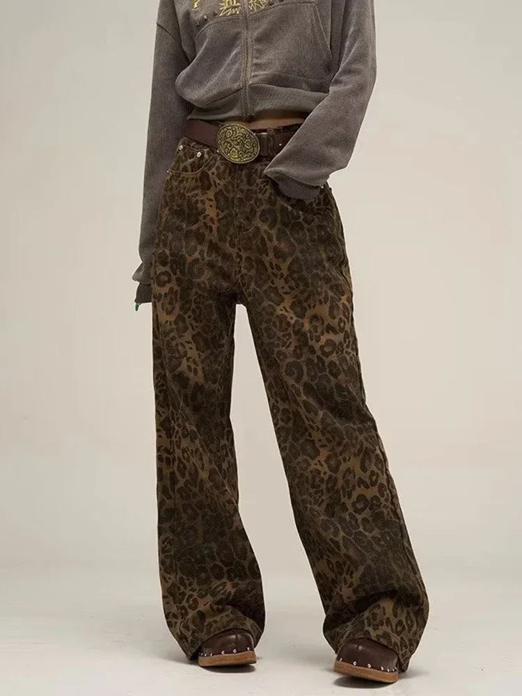 HOUZHOU Oversized Tan Leopard Wide Leg Jeans