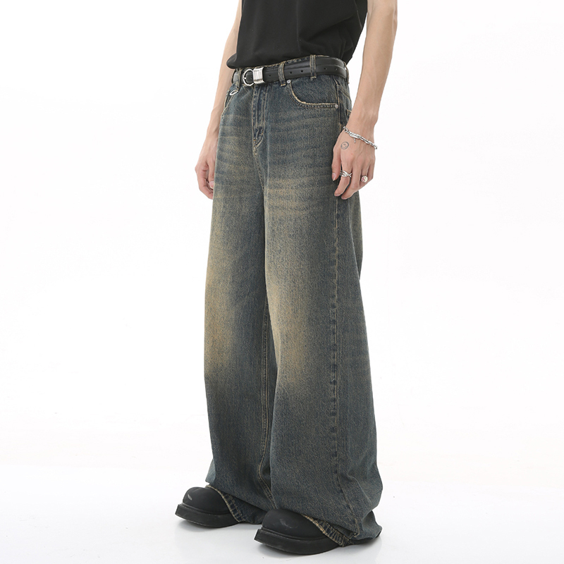 Men's Vintage Distressed Wide Leg Denim Jeans