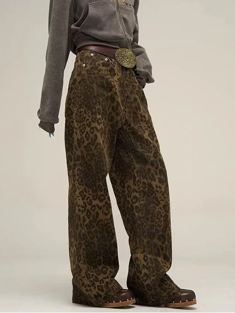 HOUZHOU Oversized Tan Leopard Wide Leg Jeans