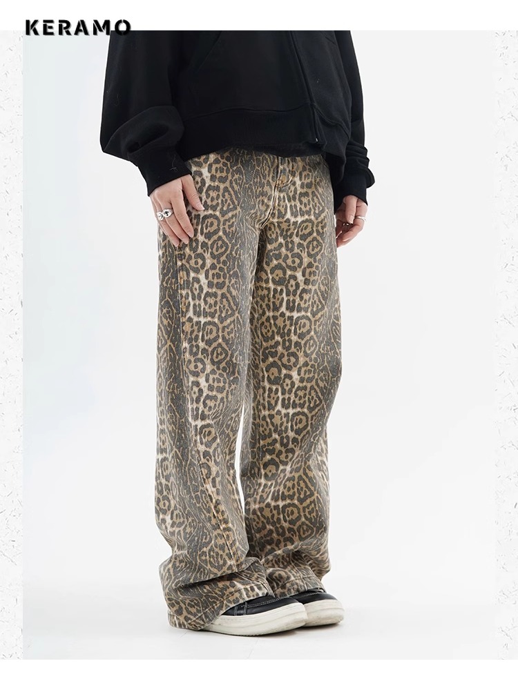 Vintage Leopard Print High-Waist Wide Leg Jeans