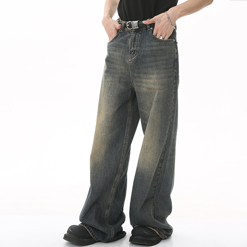 Men's Vintage Distressed Wide Leg Denim Jeans