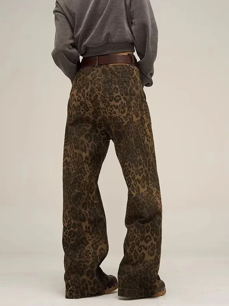 HOUZHOU Oversized Tan Leopard Wide Leg Jeans