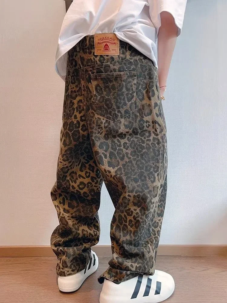 Tan Leopard Print Wide Leg Denim Jeans for Men