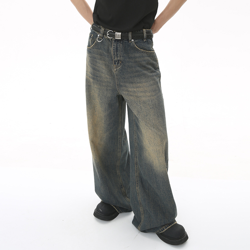 Men's Vintage Distressed Wide Leg Denim Jeans