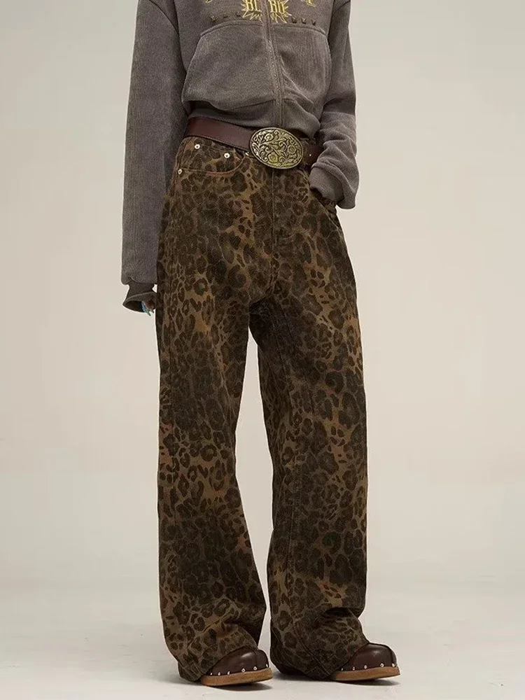 HOUZHOU Oversized Tan Leopard Wide Leg Jeans
