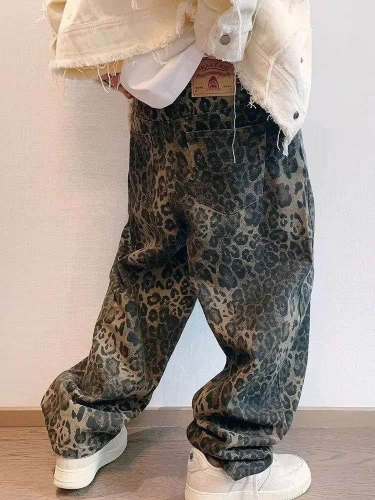 Tan Leopard Print Wide Leg Denim Jeans for Men