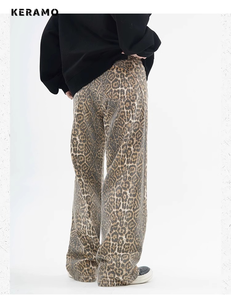 Vintage Leopard Print High-Waist Wide Leg Jeans