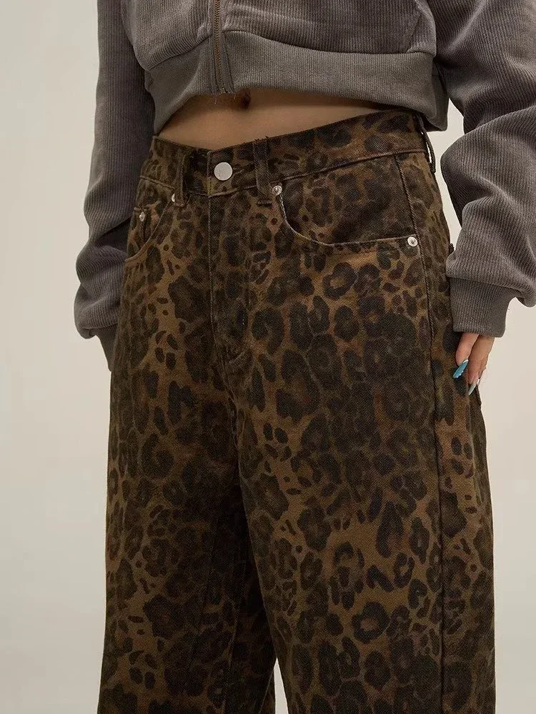 HOUZHOU Oversized Tan Leopard Wide Leg Jeans