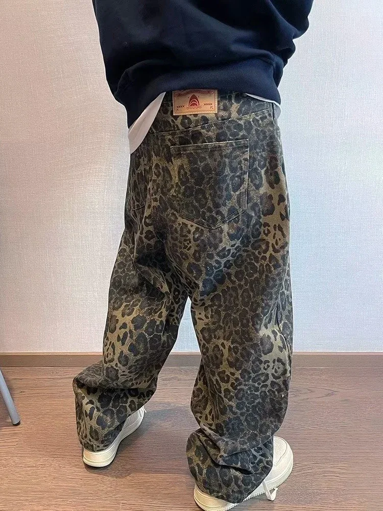Tan Leopard Print Wide Leg Denim Jeans for Men