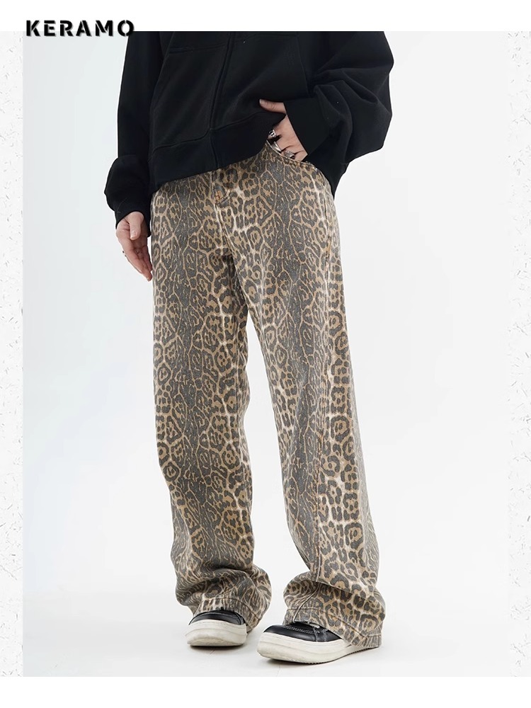 Vintage Leopard Print High-Waist Wide Leg Jeans