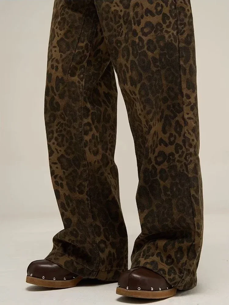 HOUZHOU Oversized Tan Leopard Wide Leg Jeans