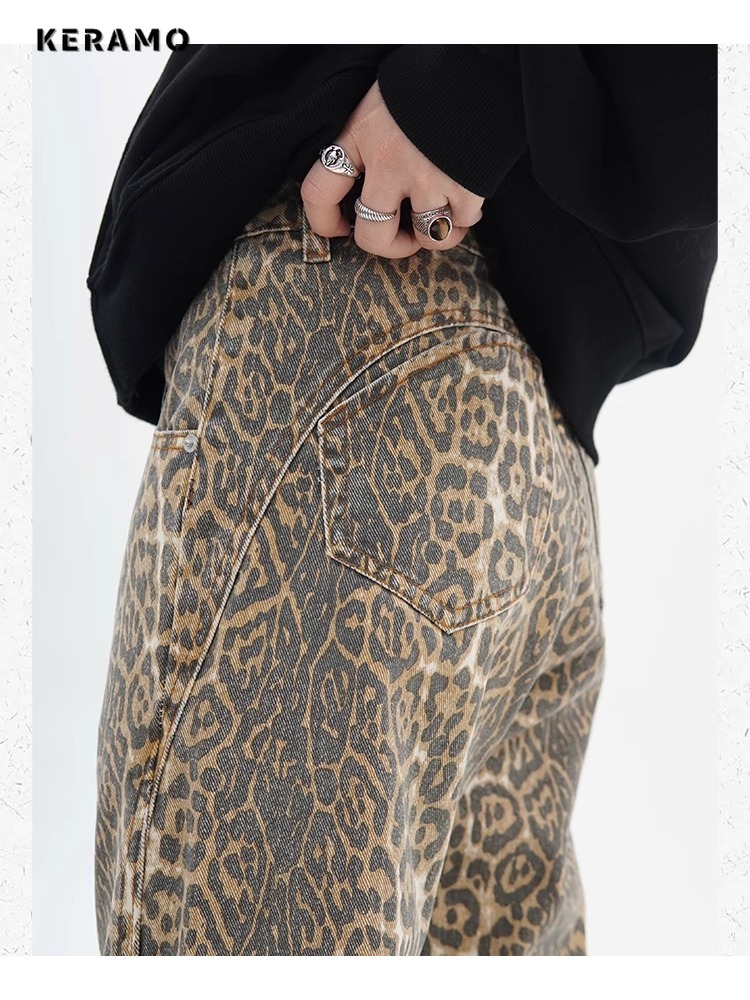 Vintage Leopard Print High-Waist Wide Leg Jeans