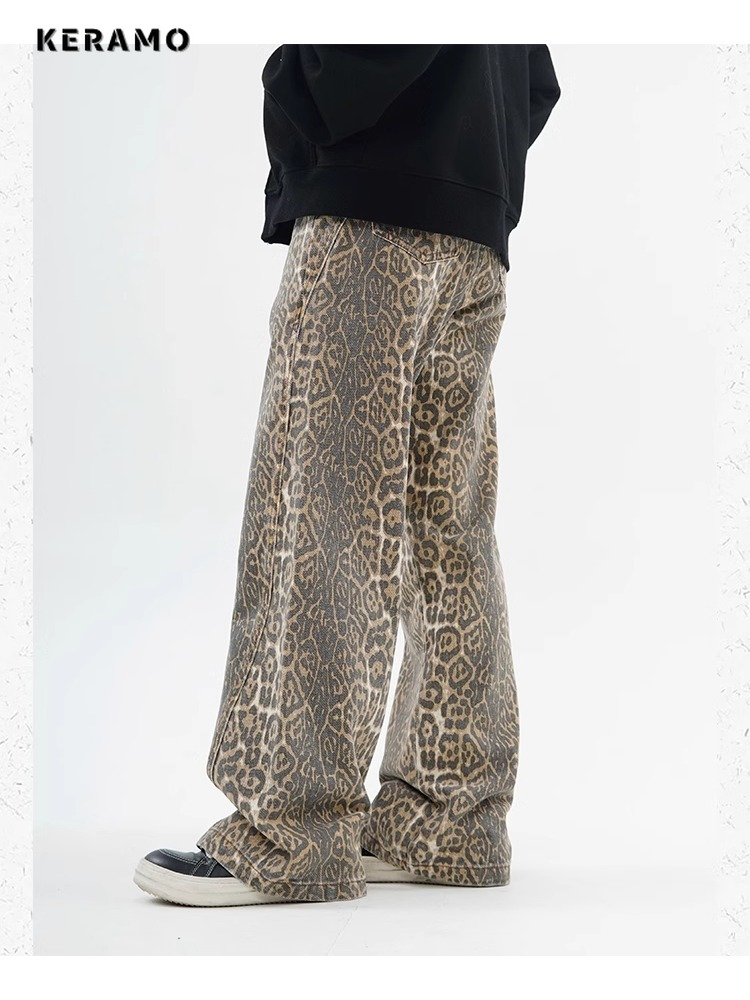 Vintage Leopard Print High-Waist Wide Leg Jeans