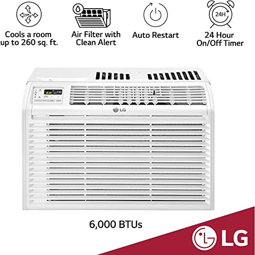 LG 6,000 BTU Window Air Conditioner, 115V, Cools 250 Sq.Ft. for Bedroom, Den, Living Room, Quiet Operation, with Remote, 2 Cooling & Fan Speeds, 2-Way Air Deflection, Auto Restart, White