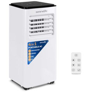SereneLife 8000 BTU Portable Air Conditioner - 3-in-1 Compact Standing Air Conditioner for Room Up to 300 Sq. Ft. - Floor AC Unit with Remote Control - Universal Casters, Window Mount Kit