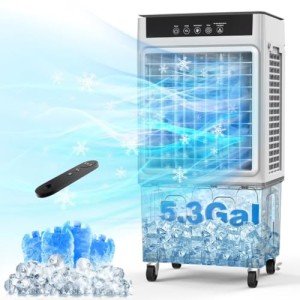 2200CFM Portable Air Conditioners w/Remote, 3-IN-1 Evaporative Swamp Air Cooler w/Remote, 24H Timer, 5.3 Gal Water Tank & 4 Ice Packs, 50°Oscillation, 3 Speeds For Outdoors/Indoors, Home Office
