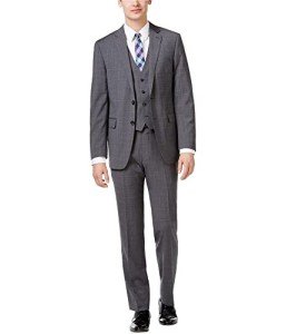 Calvin Klein Mens Plaid Windowpane Two Button Formal Suit, Gray